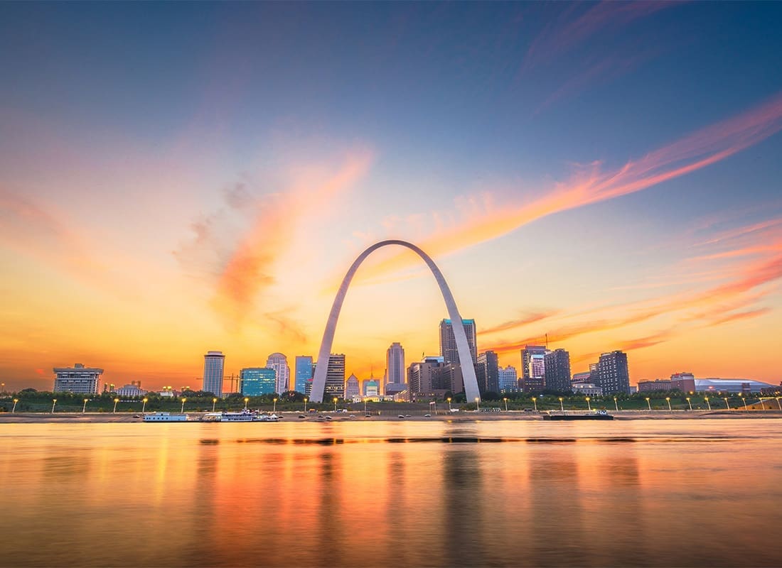 Kennett, MO - Beautiful Sky View of St. Louis, Missouri, USA Overlooking the Arch Into the Sunset